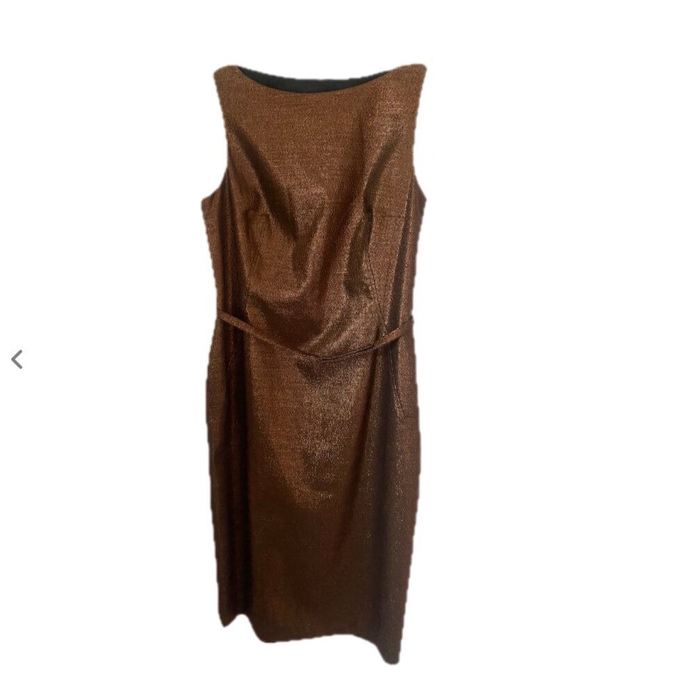 Anne Klein Sz 8 Copper Color Metallic Effect Sheath Dress Sleeveless Self Belted